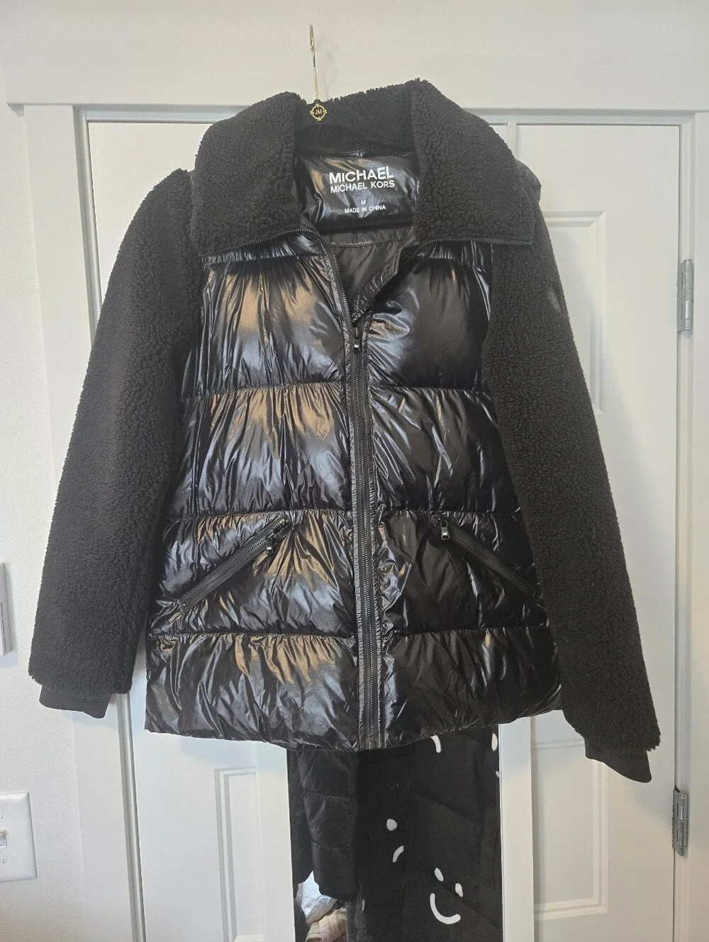 Michael Kors Black Quilted Puffer Jacket with Sherpa Collar Sleeves. Size M